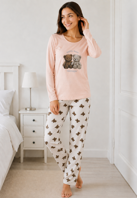 Pijama de damă cu bluză cu maneca lunga și pantaloni lung -roz pudra ,Engros